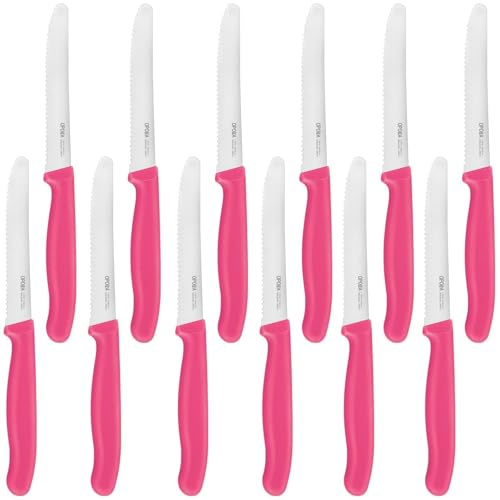 OPOLIA schneidemesser 12 Stück,Edelstahlmesser,22cm,spülmaschinenfest,Pink | Frühstücksmesser,Brötchenmesser,Tafelmesser,Tomatenmesser,Scharfes Klinge,Ergonomischer PP Griff,Wellenschliff