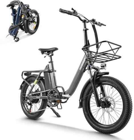 HANEVEAR H6-Light E Bike Klapprad, Elektrofahrräder mit Drehmomentsensor | 48V 14,5Ah Akku bis zu 120km+ | 55N.m 250W-Motor | 3.0'' Fat E-Bike, Off-Road Pedelec EBike Herren Damen (Grau Mit Frontkorb)