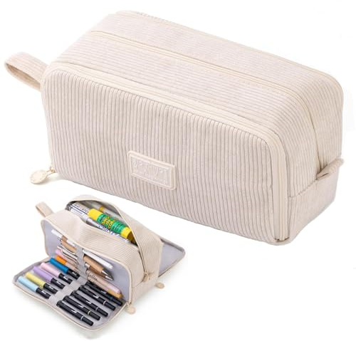 VICDUEKG Federmäppchen aus Cord-Stoff Federtaschen Mäppchen mit 3 Fächer Schulmäppchen Große Kapazität Stiftetasche Pencil Case für Schule & Büro (Beige)
