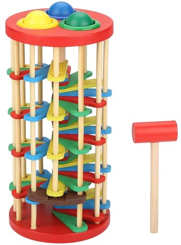 MOUNTTU Ball Drop Toy, Wooden Ball Drop Tower with Swirling Ramps, Hammer & 3 Balls, Educational Montessori Gift Toy for Babies Toddlers 3 Years Old Pound a Toys for Toddlers 1- Tower