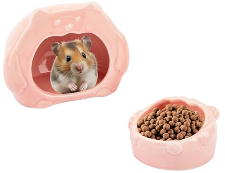 Bear-Shaped Hamster Hideout & Food Bowl Set - Ceramic Habitat for Syrian Dwarf Hamsters, Mice, Gerbils - All-Season Use, Chew-Proof Ceramic House and Feeding Dish for Small Pets(Pink)