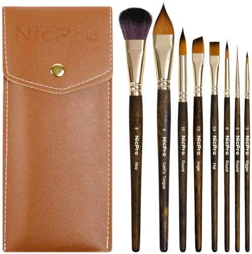 Nicpro Professionelle Aquarellpinsel, 8-teiliges Kolinsky Sable Watercolor Brush, Reise Pinselset für Künstler und Anfänger mit flacher, runder Wischmopp-Katzenzunge für Aquarell, GouacheTintenmalerei