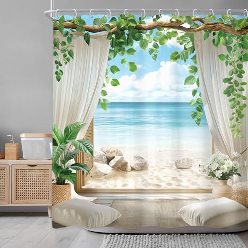 Newsely Duschvorhang Ozean Strand 183 x 183 cm Strand Blau Meer Küste Sommer Tropisch Hawaii Natur Blätter Pflanze Badezimmer-Set Landschaft Modern Chic Wasserdicht Dekoration Zubehör