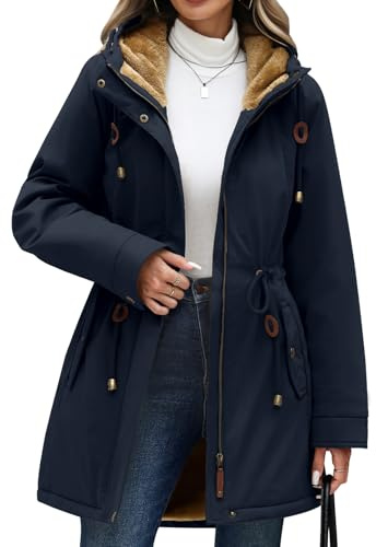 CMTOP Veste Femme Hiver Mi-longue Chaud Polaire Blouson Imperméables Manteau à Capuche Elegant Chic Zippé Parka Manche Longue Mode Outercoat avec Poches(Marine, L)