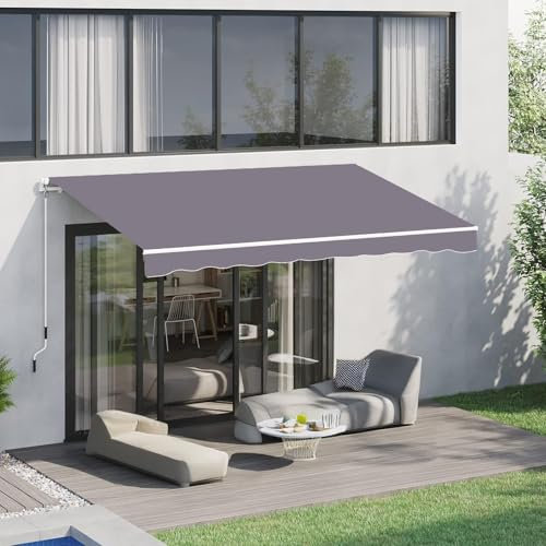Tenda da sole retrattile per patio, manuale, manovella, in poliestere, impermeabile, ideale per terrazza, balcone, giardino, negozio, ristorante, grigio, 3 x 2,5 m