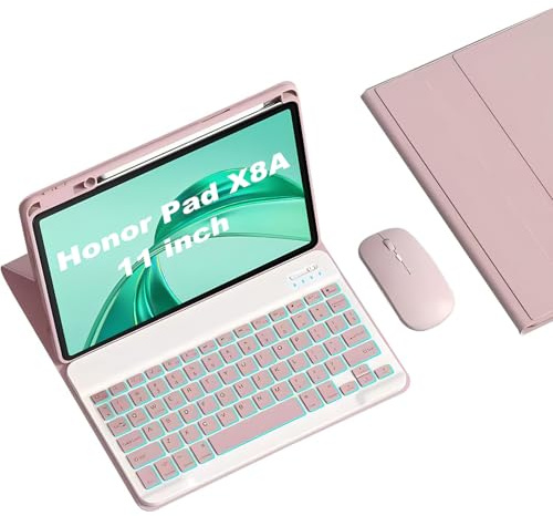 HLTOOP Custodia con Tastiera per Honor Pad X8A 11 Pollici 2024, Tastiera Bluetooth Wireless Rimovibile Retroilluminata con Portapenne, Mouse per Tablet,Rosa