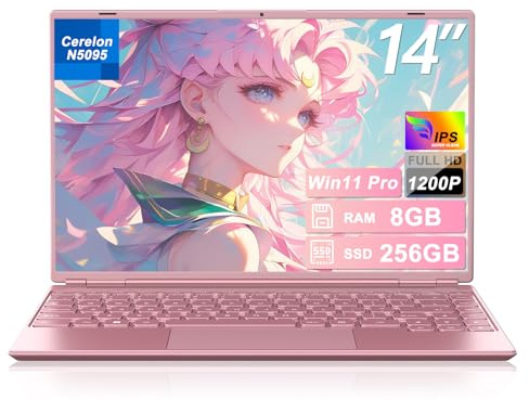HUQPPQ 14 Laptop Celeron N5095 (Up to 2.9GHz), 8GB RAM 256GB SSD, FHD 1920×1200 IPS Display, Win 11 Pro Notebook, WiFi 5, Webcam, Lightweight Pink Laptop for Girls, Students & Daily Use