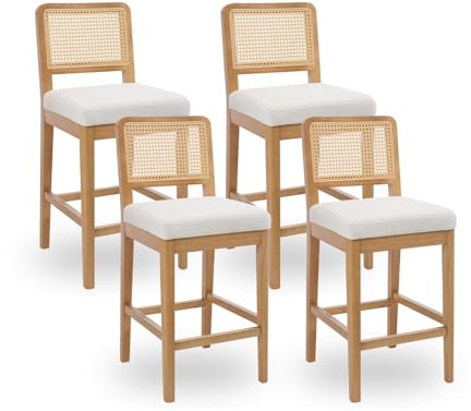 DAYALANE 4PCS Bar Stools,Counter Stools with Rattan Back&wood Legs,White | Breathable Backrest,Kitchen Chairs,Thick Cushion,Mid-century Style,Thick Soft Cushion,for Dining Room Kitchen Living Room