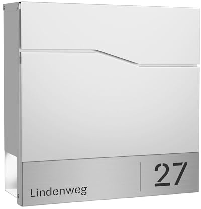 Forgard brevlåda vit med tidningsfack (RAL 9016), personlig, modern brevlåda av zinkstål med gatunamn husnummer inkl. monteringsset, TRELLEBORG