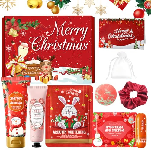 Set Natale Regalo, 9PCS Cura Corpo Donna Set Regalo, con Creme Corpo, Crema Mani Natalizie, Maschera Viso Natale, Patch Labbra, Burro Labbra, Bombe da Bagno Donna,Elastici Natalizi,Biglietti di Natale