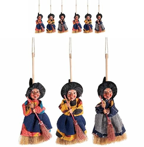 Gruppo Maruccia - Set 6 Befane da Appendere - Con Abito in Stoffa e Scopetta - In Resina Decorata - Assortite in Tre Colori - Per Decorazioni Natalizie ed Epifania