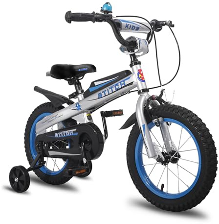HILAND Chevalier 16 Zoll Kinderfahrrad mit Stützrädern, Klingeln Handbremse Kinder Bike, Robustes Stahlrahmen Fahrrad für Jungen Kinder Blau