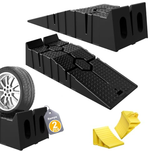 ACXIN 2 rampas de plástico para coche con 2 cuñas amarillas, capacidad de carga de 2,5 T, base de compresión, diseño de pendiente antideslizante, rampa de carga, 90 x 33 x 22,5 cm