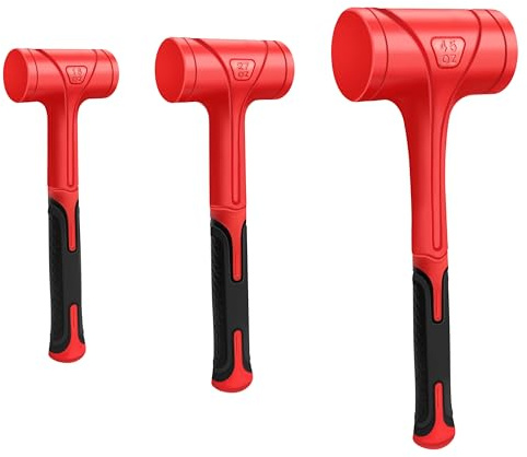 C&T Dead Blow Hammer Set of 3 Red and Black Shockproof Design No Rebound Hammer Unibody Molded Checkered Grip Spark and Rebound Resistant
