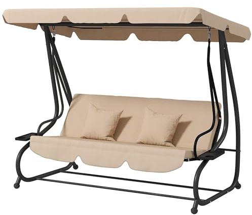 Outdoor Porch Swing Bed with Canopy and Cupholders