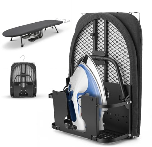 Platzsparender Faltbarer Bügeltisch, Kleines Bügelbretter Faltbares mit Bügeleisenablage & Halterung, rutschfeste Füße & Haken, kompakte Tischplatte Bügeltisch mit Baumwollbezug, 95 x 31.5 cm
