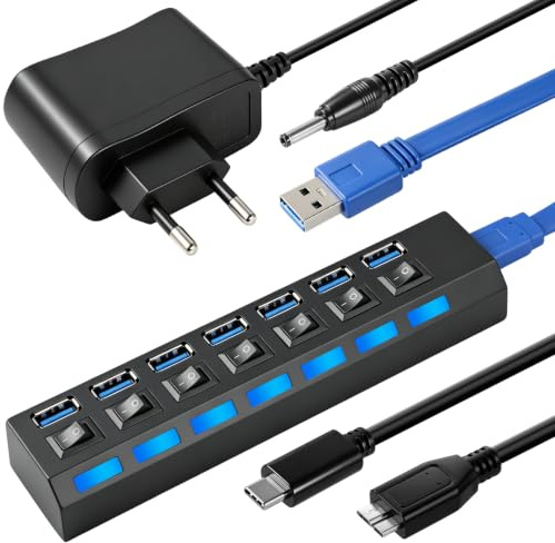 Hub USB 3.0/2.0 Alimentado de 7 Puertos con Interruptores LED Individuales | Concentrador USB 3.0 con Fuente de alimentación USB-C Micro Cable Divisor Multipuerto para Portátil PC Tableta Ratón Teclado