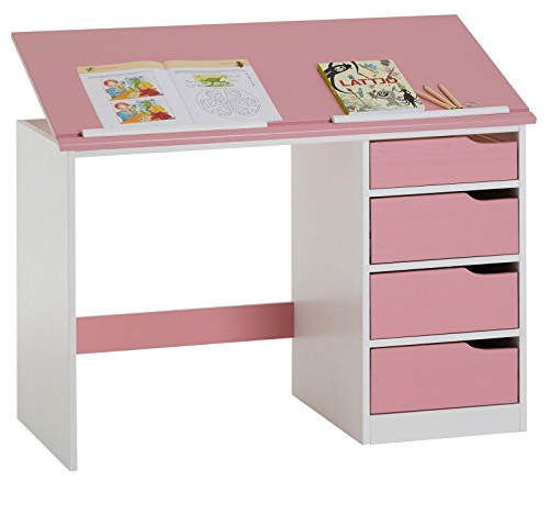 IDIMEX Kinderschreibtisch Emma aus Kiefer Massivholz, weiß/rosa - Schreibtisch mit neigungsverstellbarer Tischplatte, schöner Jugendschreibtisch mit 4 Schubladen