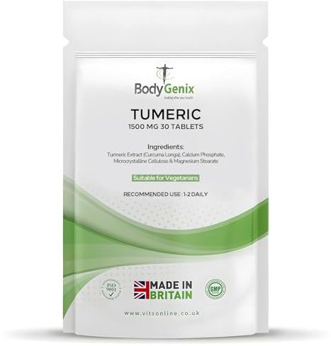 Bodygenix Turmeric 1500mg Tablets - Natural Antioxidant Formula Anti Inflammation Digestion Joints Immune System Support Vegan Friendly Supplement - 30 Tabs 1 Month Supply