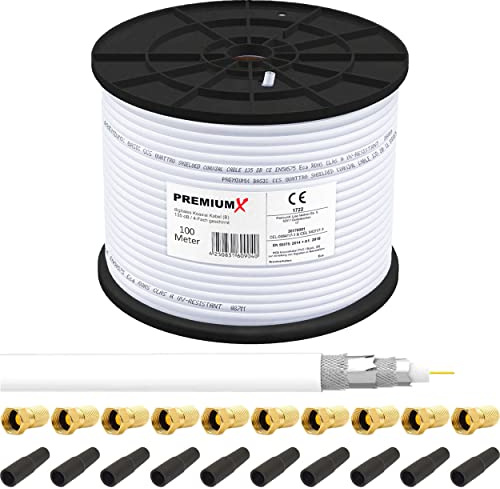 Premium X 100m BASIC Koaxialkabel 135dB 4-fach SAT Antennenkabel Koax-Kabel RG6 Satellitenkabel 10x F-Stecker Tülle