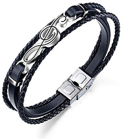 OSTAN Pulsera Hombre Cuero Trenzada Brazalete Acero Inoxidable Nota Musical con Hebilla de Seguridad Negro