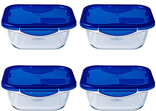 Pyrex Easy Wash Cook & Go Square Container with Lid Large 0.8 Litre Blue (Pack of 4)