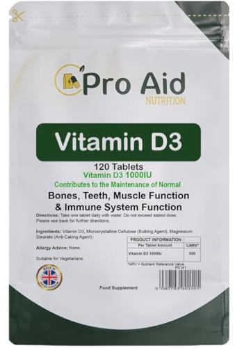Vitamin D3 1000IU Tablets | 120 Pack | by ProAid | Easy to Swallow | One A Day | Letterbox Friendly | Made in UK | Premium Tablets