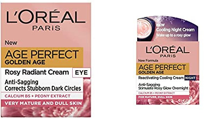 L'Oreal Paris Golden Age Rosy Glow Eye Cream for Dark Circles 15 ml & Age Perfect Golden Age Cooling Night Cream Moisturiser for Mature Skin 50 ml