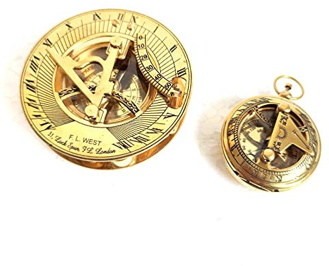 Vimal Nautical Goldfarbene Sonnenuhr mit Kompass aus massivem Messing, mit Druckknopf-Kompass