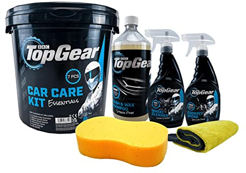 Top Gear - 7 Piece Car Cleaning Kit - Includes, 10L Bucket, Wash And Wax Shampoo, Wheel Cleaner And Cockpit Shine - Large Sponge And Microfibre Cloths