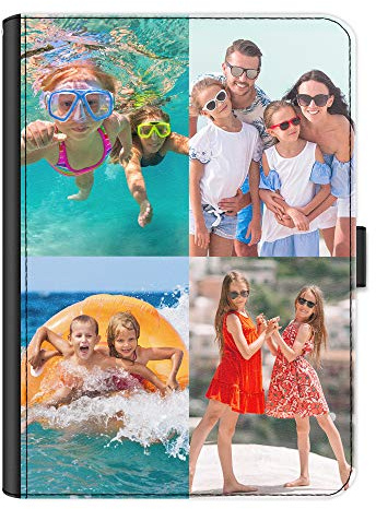 Personalisierbare Schutzhülle für alle Apple iPad-Modelle 10, 9, 8, 7, 6, Air 11, Pro 12,9,13 cm, Mini, 360° drehbar, PU-Leder, seitliches Klappetui, personalisierbar mit Fotocollage, vier Bilder