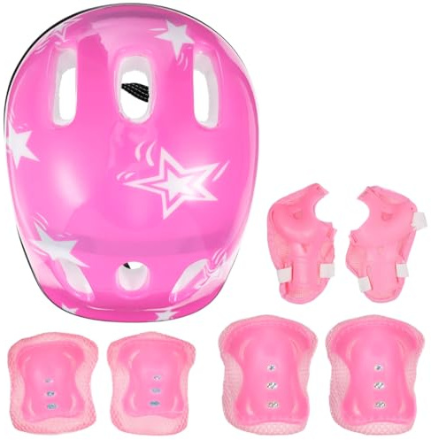 Totority Kids Skating Helmet & Knee Elbow Pads 7-Piece Set Pink – Impact-Absorbing for Fall Protection, Ventilated for Comfort – for Skateboard, Scooter, Outdoor Sports, Children Ages 3