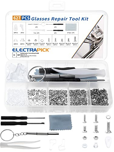 ELECTRAPICK 627 st glasögon reparationsverktygssats, Verktyg för glasögon, reparationssats med mini-skruvmejsel, skruvmutter, silikonnäsdynor, glasögonduk, pincettsortiment reparationsverktygsset