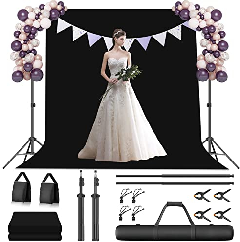 EMART Foto Hintergrund Ständer Kit 2x3m mit Schwarz Hintergrund, Hintergrundsystem mit 4 Hintergrundklemmen, 2 Sandsack, 1,8x2,8m Foto Hintergründe Schwarz für Foto, Videostudio, Party, Live