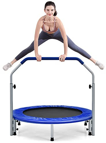 GYMAX Trampolino Elastico Fitness, Tappeto Elastico Adulti, Pieghevole e Portatile, Portata di 150 kg, Maniglia Rimovibile e Regolabile (96-122 cm), Ø 101cm (Blu)