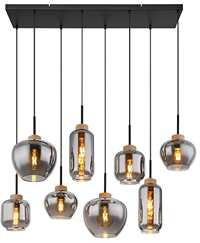 Pendellampe Pendelleuchte Hängelampe Esstischleuchte, 8 flammig, Retro Rauchglas Metall schwarz Hanf braun, 8x E27 Fassungen, LxBxH 105x40x120cm
