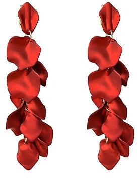 FDEETY Rosenblatt Ohrringe für Damen - Mehrstufige Acryl Blütenblatt Baumeln Ohrringe, Elegant Tropfen Statement Quaste Blumen (Rot)