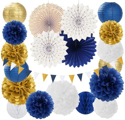 Navy-Blue White Gold Party-Decorations - 20pcs Graduation 2026 Paper Lanterns Fans,Tissue Pom Poms,Honeycomb Ball,Birthday Bridal Celebration Bachelorette Baby Shower Wedding Homecoming Decor Burgleda