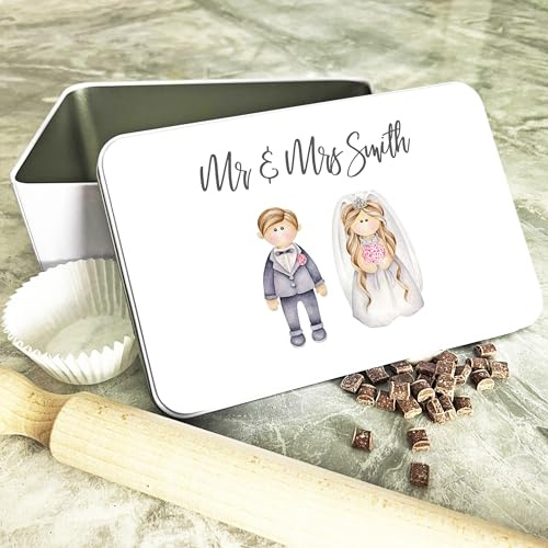 Mr & Mrs Wedding Couple Painted Rectangle Personalised Treat Tin Personalised Gift | Custom Gift | Personalized Tin | Cake, Biscuit & Treat Tins | Gift For Her | Gift For Him