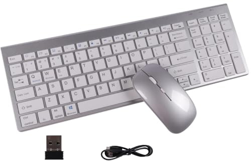 KautFair Clavier Souris sans Fil, 2.4G Bluetooth QWERTY Layout Rechargeable Mince Silencieux Compact Pleine Taille Clavier et Souris avec Pavé Numérique & 3DPI Réglables, pour Mac, PCs, Laptop(Argent)