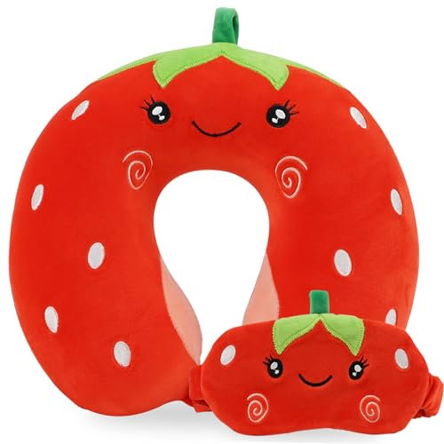 Travel Pillow, Kids Travel Pillow with Sleep Eye Mask, Soft Memory Foam Neck Pillow for Kids Boys & Girls, Teens, Travel Accessories for Airplane - Red Strawberry Neck Pillow