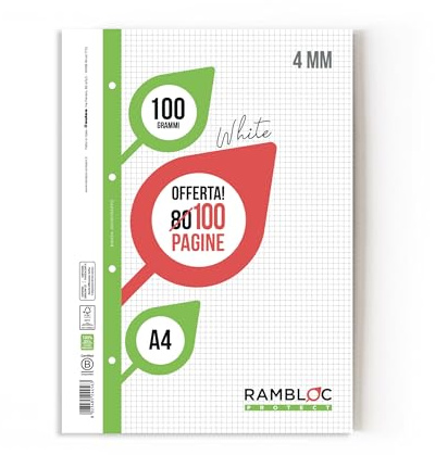 RICAMBIO A4 RINFORZATO Rambloc FSC 100 gr. Pacco da 4 Ricambi 4MM (400 pagine totali) Massima Durabilità e Qualità per Tutte le Tue Esigenze di Scrittura e Archiviazione