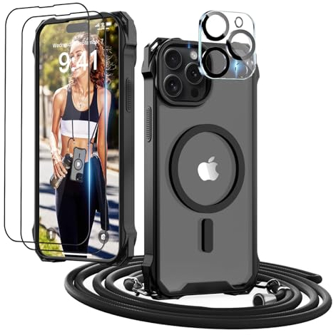 GUtttGU Handykette für iPhone 12 Pro Max Hülle mit Band mit 2 Displaychutzfolie Panzerglas + 2 Kamera Schutzfolie Klar Handyhülle Kompatibel mit Magsafe Schutzhülle Case für iPhone 12 Pro Max Schwarz