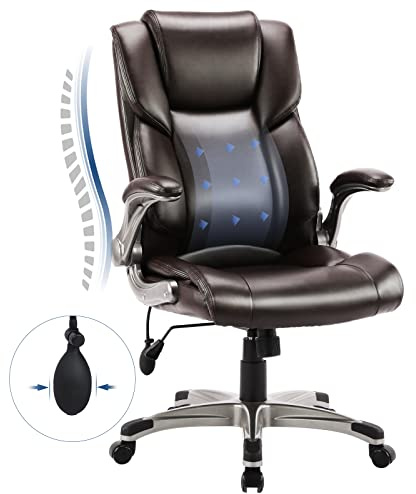 COLAMY Bürostuhl mit Hoher Rückenlehne, Ergonomischer Computer-Schreibtischstuhl, Lederstuhl mit Gepolsterten Klapparmlehnen, Verstellbarer Neigungsverschluss, Drehstuhl für Erwachsene, Braun