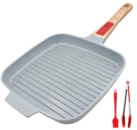 RANX INGST Bistecchiera con Rivestimento in Ceramica 24 cm, Padella Griglia con Maniglia Rimovibile, Pietra Quadrata per Induzione - Blu