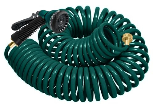 YESTAR Coil Hose 25/50/75FT EVA Coil Garden Hose with 3/4'' Brass Connector Coiled Water Hose Lightweight and No Kink Includes 17 Patterns Spray Nozzle for Outdoors Lawn Watering Car Washing | Flexible Water Hose Lightweight and No Kink Includes 7 Patterns Spray Nozzle For Outdoors Lawn Watering Car Washing