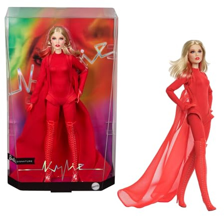 Barbie Signature Doll, Kylie Minogue Posable Collectible in “Padam Padam” Music Video Outfit with Red Bodysuit, Chiffon Cape and Lace-Up Boots