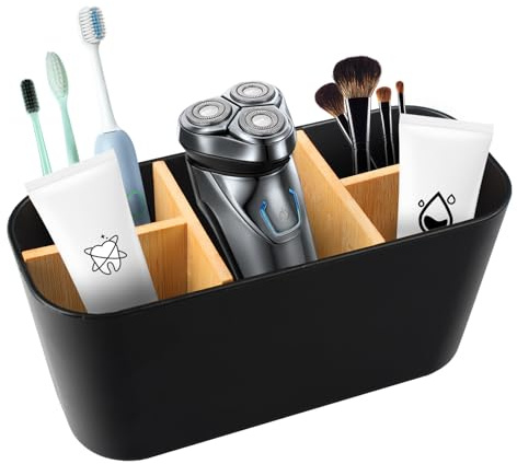 Zahnbürstenhalter mit 5 Bambus Zahnbürstenfächer, Badezimmer Organizer Multifunktional, Herausnehmbarer Zahnputzbecher Kunststoff, Bathroom Organizer für Camping Wanderreisen