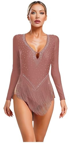 Xnihocha Damen Body Tanzen Latein Tanzkostüm Langarm Gymnastikbody Tanzbody Fransen Trikot Ballettkleidung Altrosa S