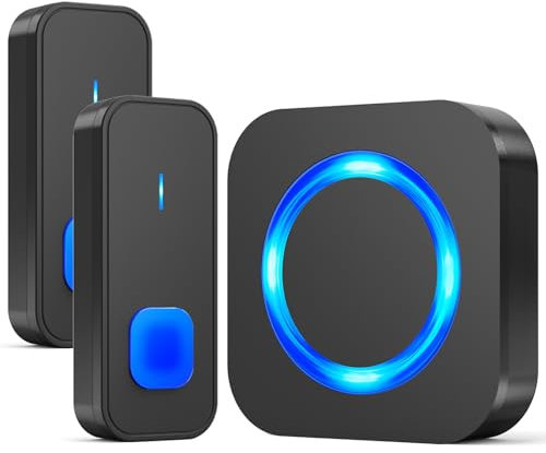 SURFOU Campanello Senza Fili da Esterno con 2 Trasmettitori, Campanello Portata Wireless a Lunga Distanza di 400m per Casa, Indicatore LED Pulsanti, Ricevitore Interno con 5 Volumi, 55 Suonerie, Nero